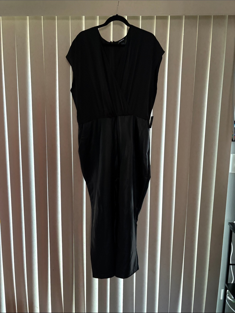 Express BNWT- Elegant Black Women's Jumpsuit- pleather and silk.